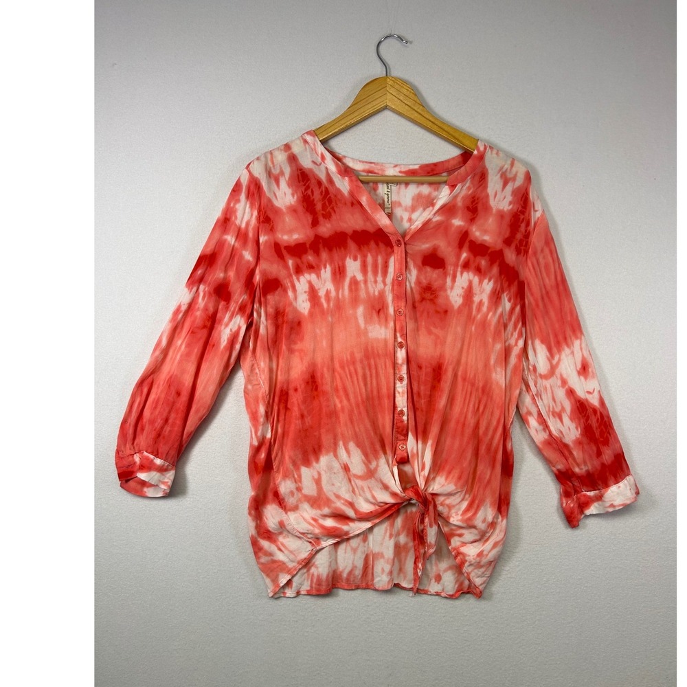 Airy Coastal Grand & Greene Womens Large Coral Tie‎ Dye Front Tie Rayon Blouse